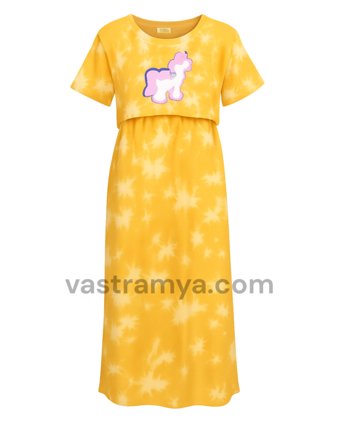 zipless feeding maternity dress yellow tie dye unicorn print