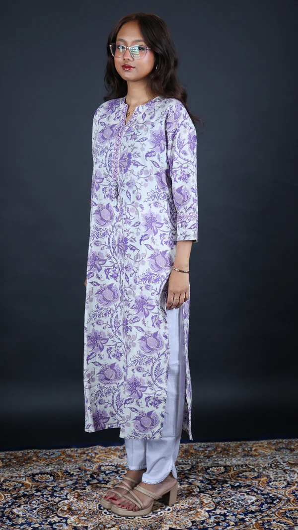 lavender floral printed cotton long kurti | women casual & office wear lavender floral printed cotton long kurti | women casual & office wear