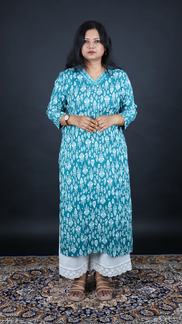 teal blue printed rayon long kurti | women casual & office wear teal blue printed rayon long kurti | women casual & office wear