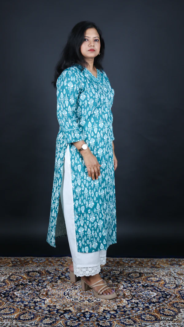 teal blue printed rayon long kurti | women casual & office wear teal blue printed rayon long kurti | women casual & office wear