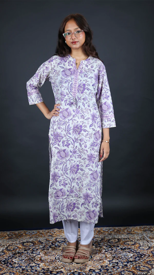 Home lavender floral printed cotton long kurti | women casual & office wear