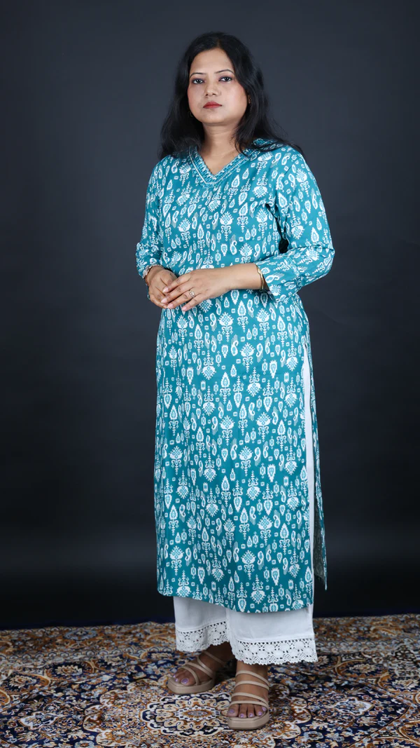 teal blue printed rayon long kurti | women casual & office wear teal blue printed rayon long kurti | women casual & office wear