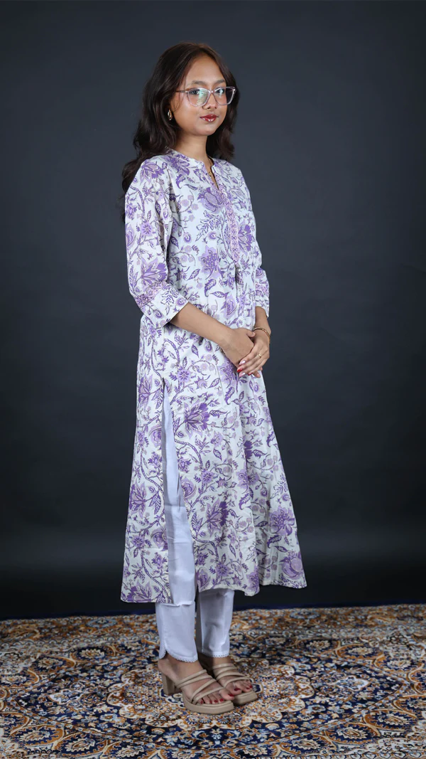 lavender floral printed cotton long kurti | women casual & office wear lavender floral printed cotton long kurti | women casual & office wear