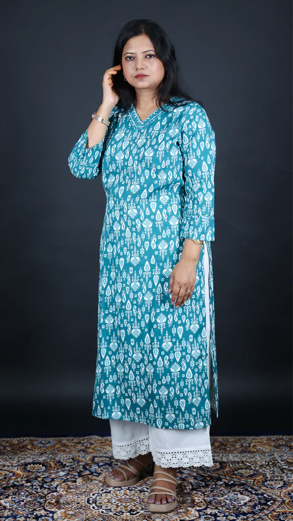 Home teal blue printed rayon long kurti | women casual & office wear