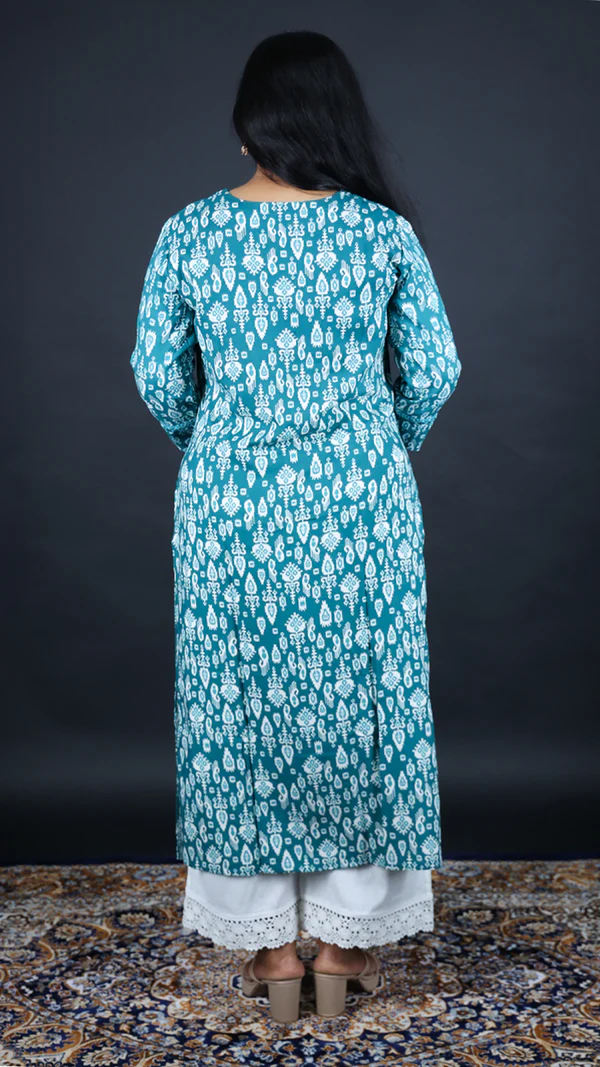 teal blue printed rayon long kurti | women casual & office wear teal blue printed rayon long kurti | women casual & office wear