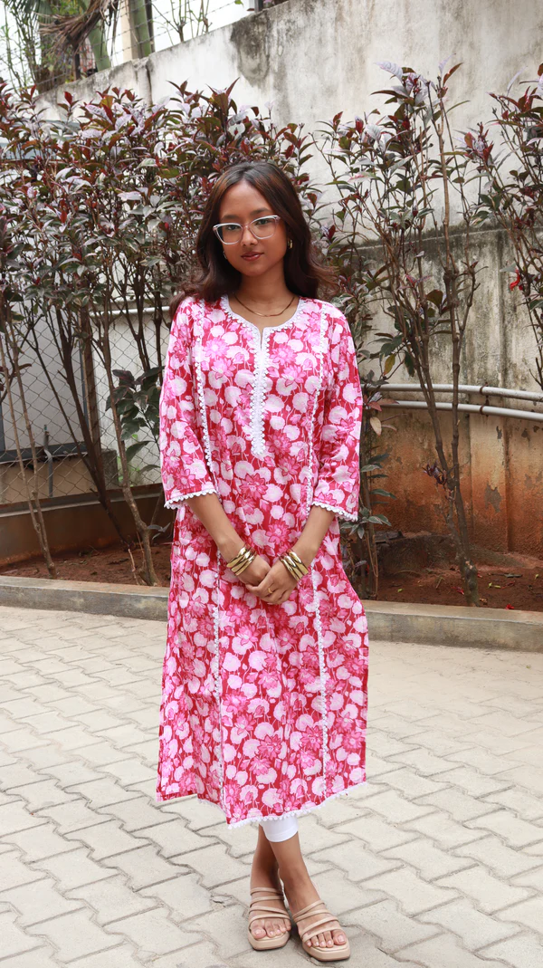 pink floral printed cotton long kurti | women casual & summer wear pink floral printed cotton long kurti | women casual & summer wear