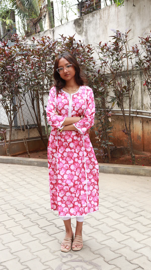 pink floral printed cotton long kurti | women casual & summer wear pink floral printed cotton long kurti | women casual & summer wear