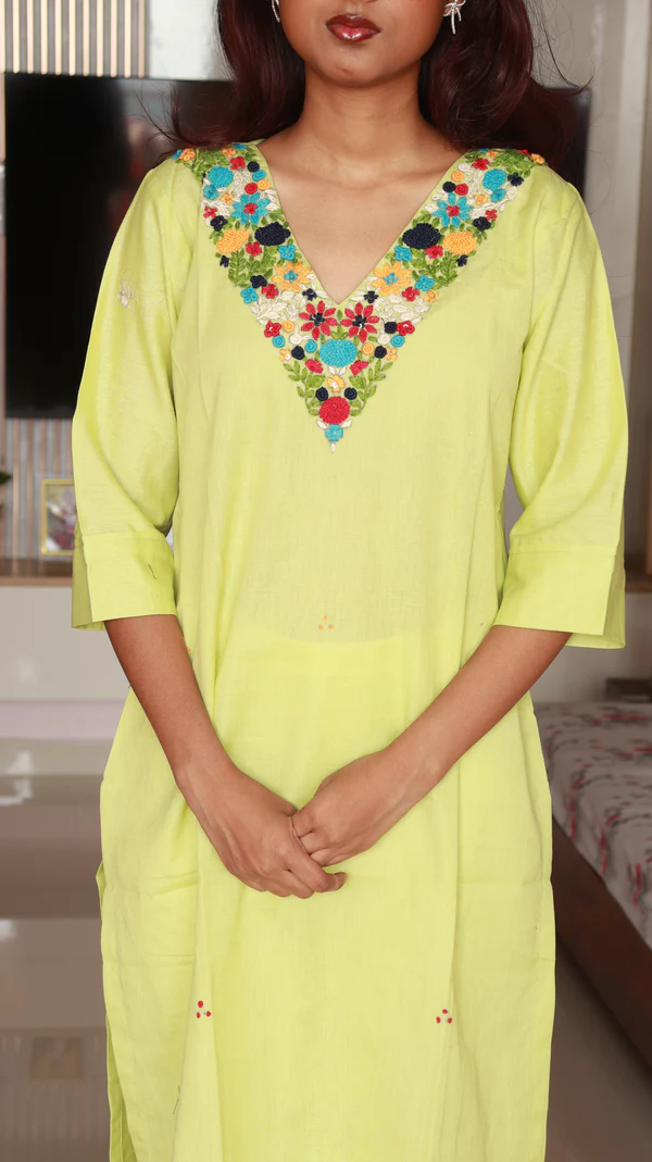 lime green embroidered cotton long kurti | women festive & casual wear lime green embroidered cotton long kurti | women festive & casual wear
