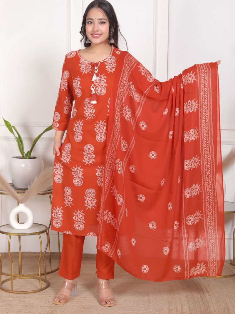 Home chocolate brown rayon printed kurta pant set with dupatta | women part wear ethnic set (copy)